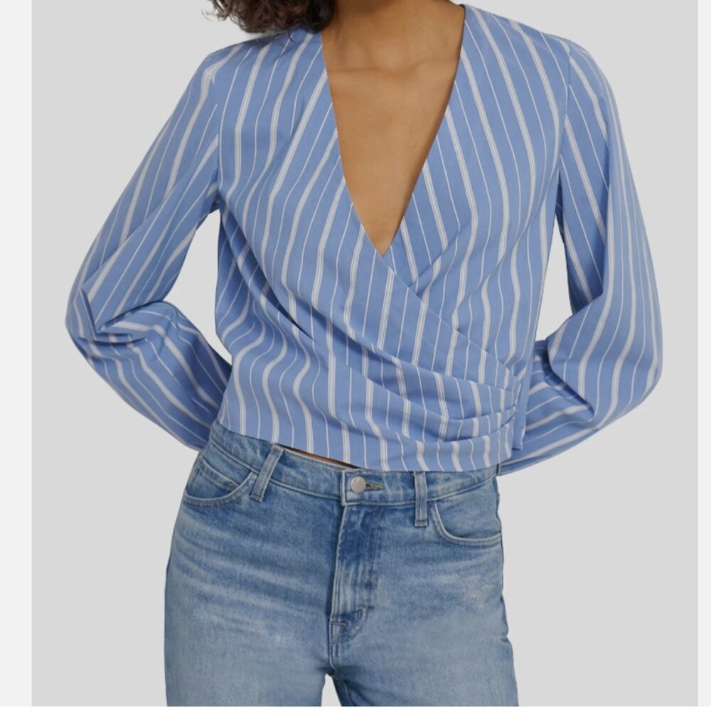 NWOT Theory Women's Blue Quincy Striped Faux Wrap Top Size S